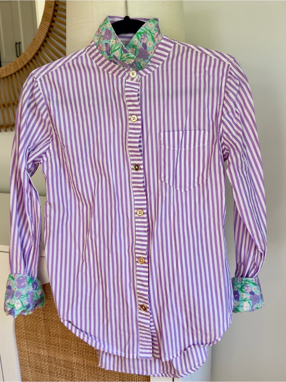 BURU XS Women’s Lavender Stripe Button-Down Shirt with Floral Trim